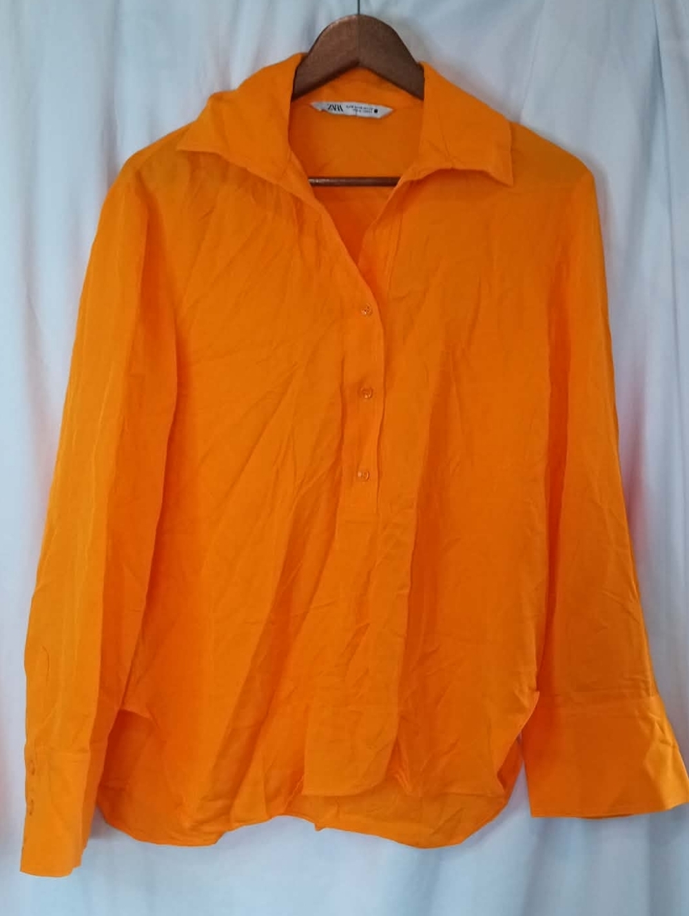 Zara NWOT Bright Neon Orange Long-Sleeve Button Henley Shirt Medium Office Punk